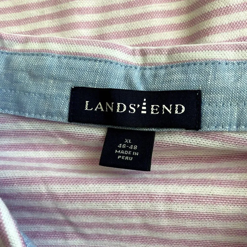 Lands' End Cotton‎ Linen Blend Polo Shirt Pastel Pink Stripe Size XL